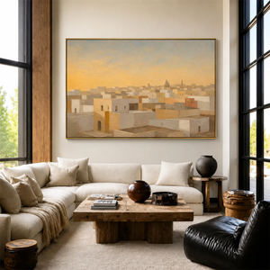 Sunlit Ivory Rooftops Wall Art styled interior scene 5 | OILDECO