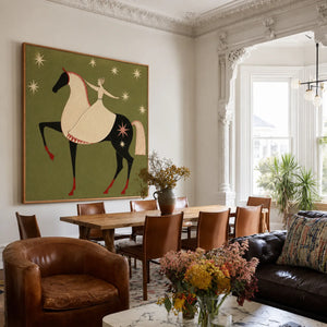 Celestial Rider Folk Horse Wall Art styled interior scene 1 | OILDECO
