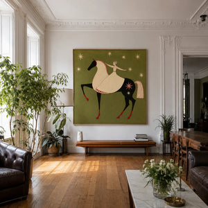 Celestial Rider Folk Horse Wall Art styled interior scene 2 | OILDECO