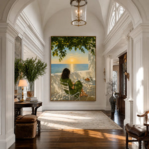 Seaside Morning Reading Wall Art styled interior scene 2 | OILDECO