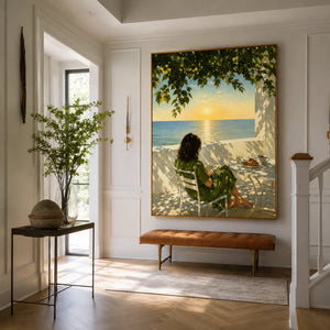 Seaside Morning Reading Wall Art styled interior scene 3 | OILDECO