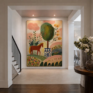 Enchanted Horse Garden Folk Wall Art styled interior scene 1 | OILDECO