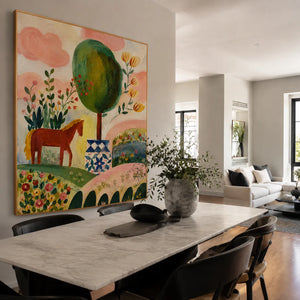 Enchanted Horse Garden Folk Wall Art styled interior scene 2 | OILDECO
