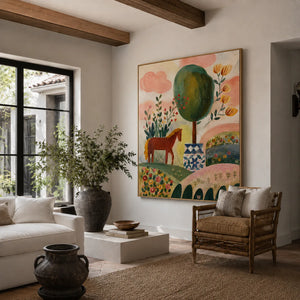 Enchanted Horse Garden Folk Wall Art styled interior scene 3 | OILDECO