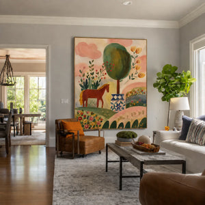 Enchanted Horse Garden Folk Wall Art styled interior scene 4 | OILDECO