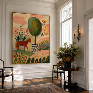 Enchanted Horse Garden Folk Wall Art styled interior scene 5 | OILDECO