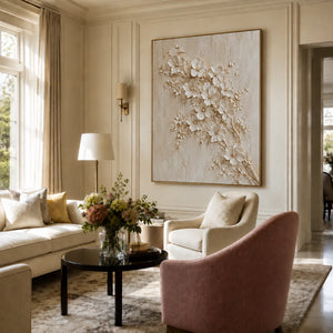 Ivory Blossom Branch Relief Wall Art styled interior scene 3 | OILDECO