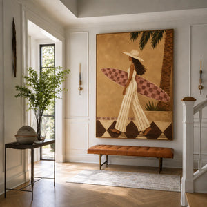 Golden Surf Stroll Figurative Wall Art styled interior scene 1 | OILDECO