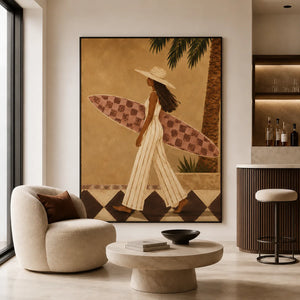 Golden Surf Stroll Figurative Wall Art styled interior scene 3 | OILDECO