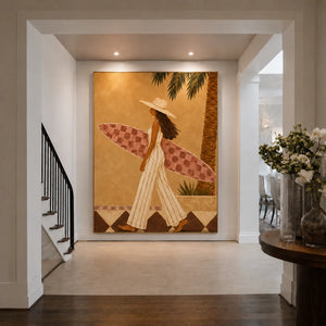 Golden Palm Surfer Figurative Wall Art styled interior scene 5 | OILDECO
