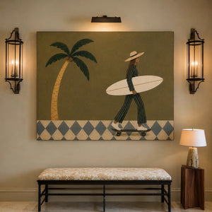 Olive Palm Skateboard Surfer Wall Art styled interior scene 1 | OILDECO
