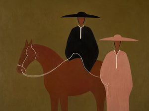 Olive Horse Riders Folk Wall Art artwork view | OILDECO