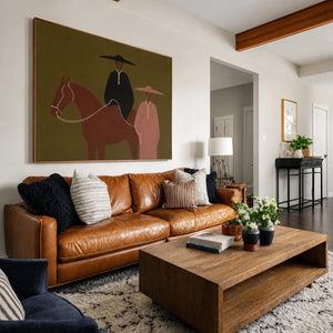 Olive Horse Riders Folk Wall Art styled interior scene 1 | OILDECO