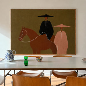 Olive Horse Riders Folk Wall Art styled interior scene 4 | OILDECO