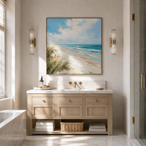 Shoreline Breeze Coastal Wall Art shown in a calm bedroom setting | Oildeco