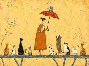 Cat Parade Under Red Umbrella Wall Art artwork view | OILDECO