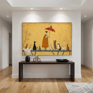 Cat Parade Under Red Umbrella Wall Art styled interior scene 1 | OILDECO