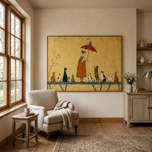 Cat Parade Under Red Umbrella Wall Art styled interior scene 2 | OILDECO