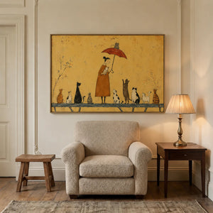 Cat Parade Under Red Umbrella Wall Art styled interior scene 3 | OILDECO