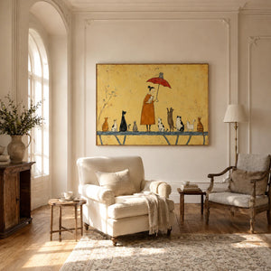 Cat Parade Under Red Umbrella Wall Art styled interior scene 4 | OILDECO