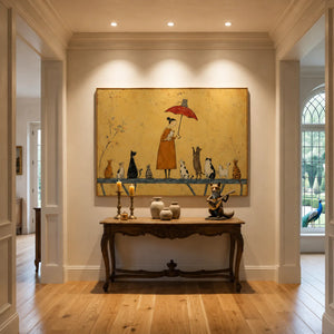 Cat Parade Under Red Umbrella Wall Art styled interior scene 5 | OILDECO