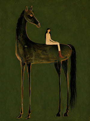 Girl on Black Horse Folk Wall Art artwork view | OILDECO