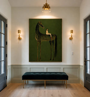 Girl on Black Horse Folk Wall Art styled interior scene 1 | OILDECO