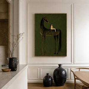 Girl on Black Horse Folk Wall Art styled interior scene 5 | OILDECO