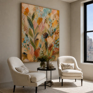 Pastel Wildflower Garden Textured Wall Art styled interior scene 3 | OILDECO