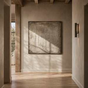 Weathered Plaster Textured Wall Art shown in a calm bedroom setting | Oildeco