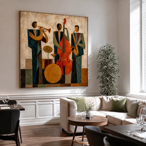 Modern Jazz Trio Cubist Wall Art styled interior scene 1 | OILDECO