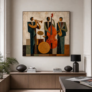 Modern Jazz Trio Cubist Wall Art styled interior scene 2 | OILDECO