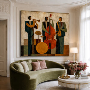 Modern Jazz Trio Cubist Wall Art styled interior scene 5 | OILDECO