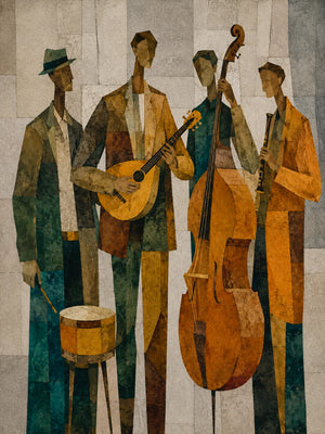 Golden Jazz Quartet Cubist Wall Art artwork view | OILDECO