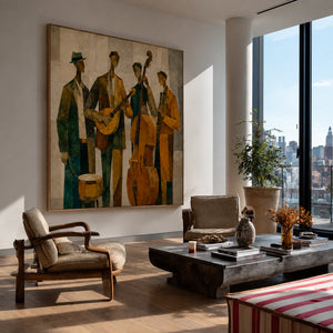 Golden Jazz Quartet Cubist Wall Art styled interior scene 1 | OILDECO