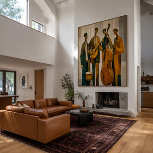 Golden Jazz Quartet Cubist Wall Art styled interior scene 2 | OILDECO