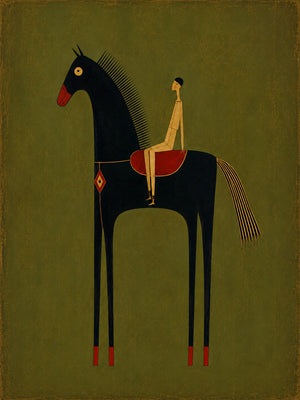 Olive Rider on Black Horse Wall Art artwork view | OILDECO