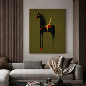 Olive Rider on Black Horse Wall Art styled interior scene 2 | OILDECO
