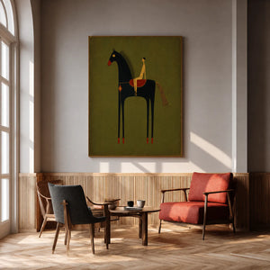 Olive Rider on Black Horse Wall Art styled interior scene 3 | OILDECO