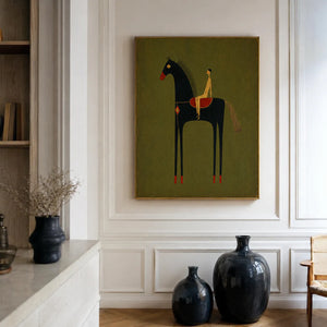 Olive Rider on Black Horse Wall Art styled interior scene 4 | OILDECO