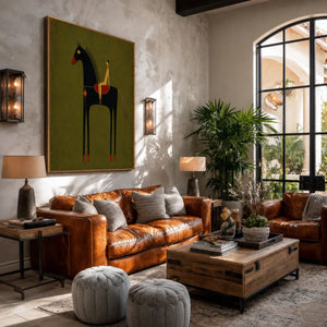Olive Rider on Black Horse Wall Art styled interior scene 5 | OILDECO