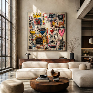 Crowned Hearts Graffiti Wall Art styled in a modern living room | Oildeco