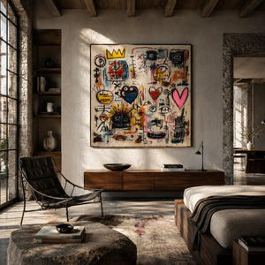 Crowned Hearts Graffiti Wall Art displayed above a sofa in a neutral interior | Oildeco