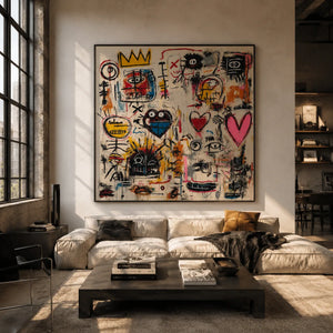 Crowned Hearts Graffiti Wall Art shown in a calm bedroom setting | Oildeco