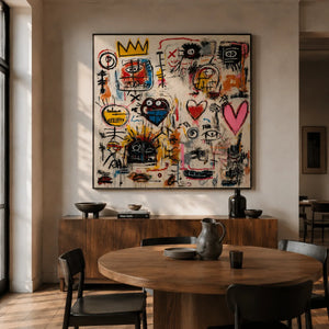 Crowned Hearts Graffiti Wall Art displayed in a bright dining room | Oildeco