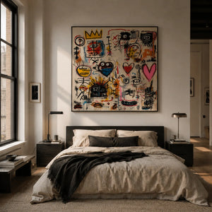 Crowned Hearts Graffiti Wall Art shown in a calm bedroom setting | Oildeco