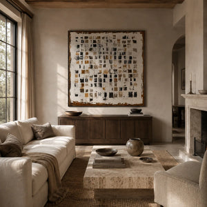 Amber Mosaic Abstract Wall Art displayed above a sofa in a neutral interior | Oildeco