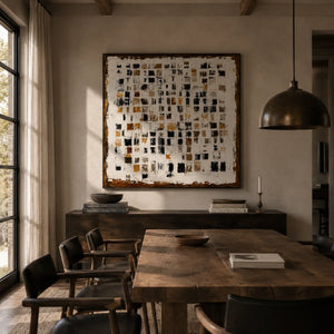 Amber Mosaic Abstract Wall Art displayed in a bright dining room | Oildeco
