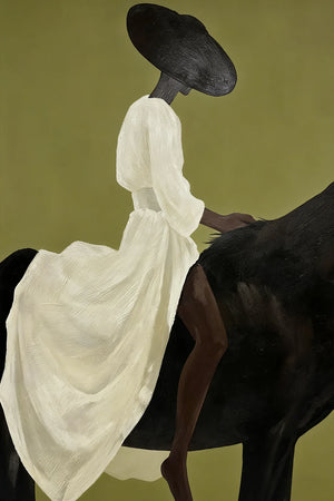 Lady in White on Black Horse Wall Art artwork view | OILDECO
