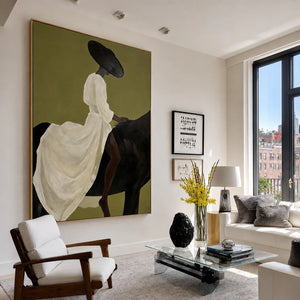Lady in White on Black Horse Wall Art styled interior scene 1 | OILDECO